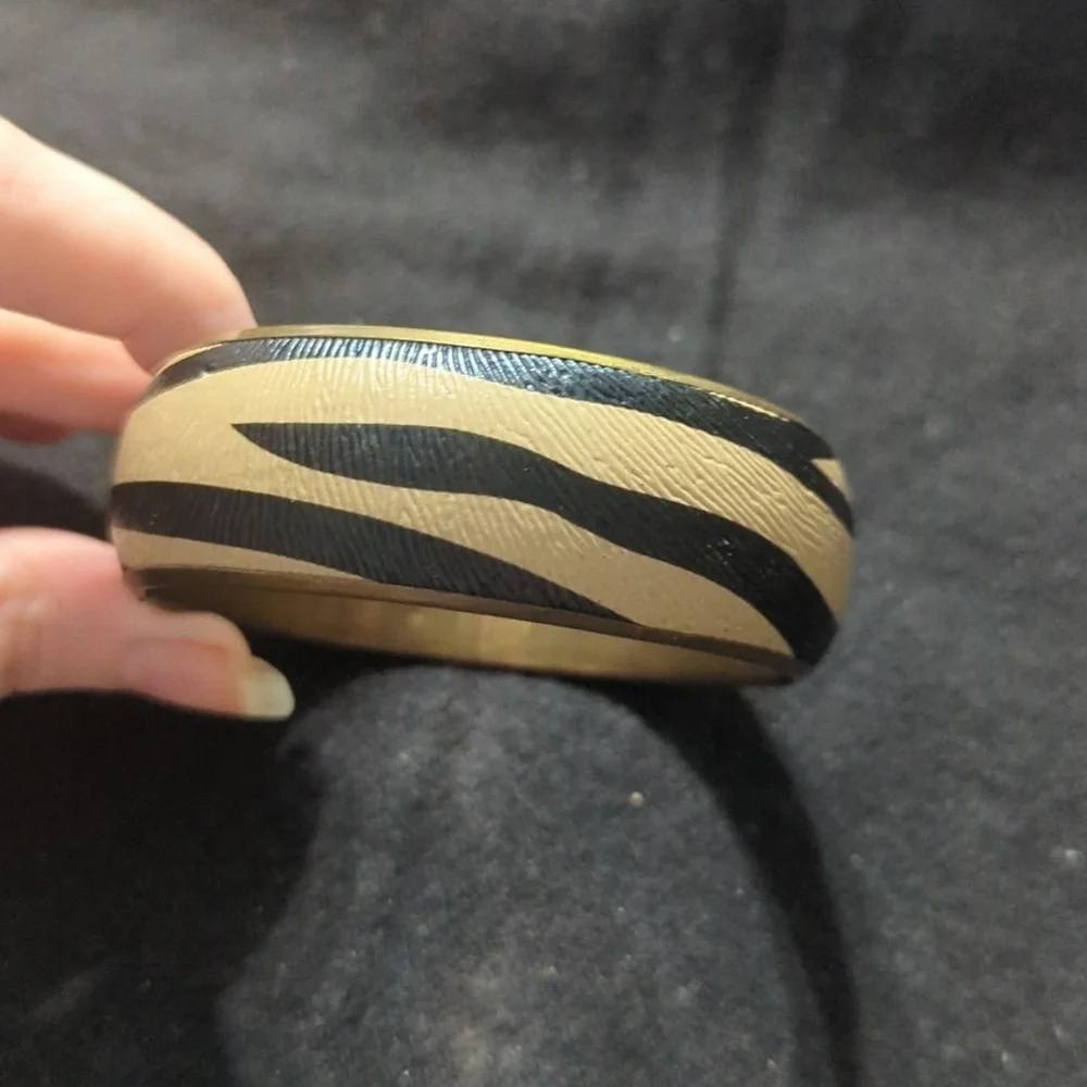 Brass Tone Tan and Black Zebra Stripe Bangle Statement Bracelet